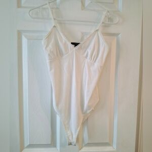 Forever 21 Warm White Bodysuit Ribbed Texture Zig Zag Trim Baby Doll Sz M Base